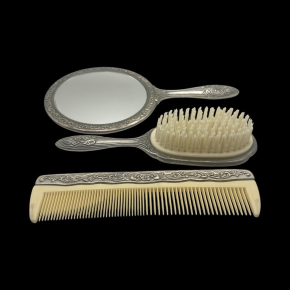 Vintage 3 Piece Silver Plated Vanity Dresser Set Hand Mirror, Brush, & Comb - Picture 1 of 6